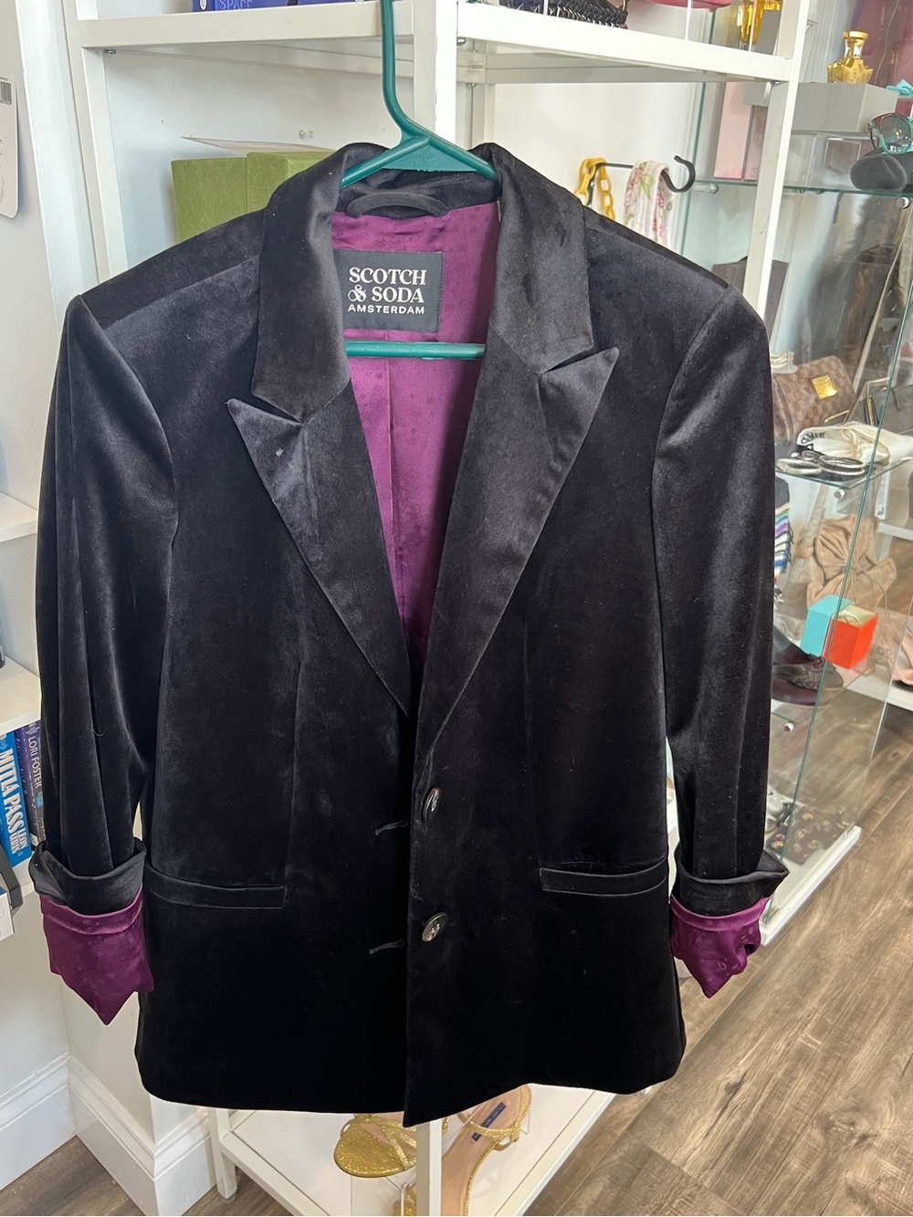 Scotch & Soda Black Velvet Blazer with Purple Lining and Cuffs